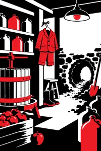 A stop-motion style apple cider cellar with stacked jugs, a tiny corduroy suit on a hanger and a tunnel dug through the wall.