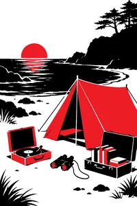 A yellow canvas pup tent on a small cove beach beside a portable record player, a pair of binoculars and a suitcase of library books.
