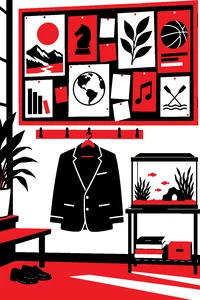 A prep-school bulletin board crammed with club flyers, a navy school blazer hung below it and a small aquarium on a stand.