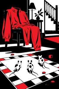 A red Adidas tracksuit draped on a chair in a dim Harlem townhouse room, white mice with black spots running across a board game.