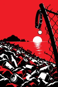 A mountain of rusted cans and bottles on a garbage island under a grey sky, an empty dog collar with a tag hanging from a bent fence.