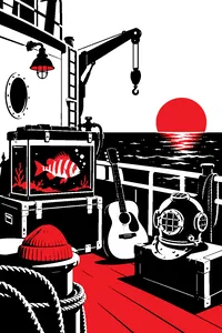 A rusty research ship's deck at sea with a red knit cap, an acoustic guitar and a diving helmet, a striped glowing fish in a tank.