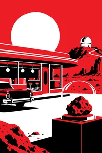 A turquoise roadside diner in a pastel desert with a small observatory dome behind it and a meteorite under a glass case.