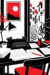A neat editor's desk covered in typewritten pages, a red pencil and a bicycle leaning in the doorway of a crooked French street.