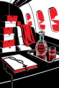 A row of shoeboxes stacked in a 1950s private plane cabin, a grenade-shaped crystal decanter on a tray and a nun's rosary across a ledger.