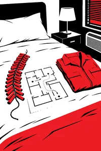 A string of firecrackers and a hand-drawn heist plan on a motel bed, a yellow jumpsuit folded beside them.