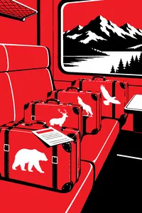 A row of matching tan leather suitcases with painted animals stacked in a blue train compartment, a laminated itinerary on top.