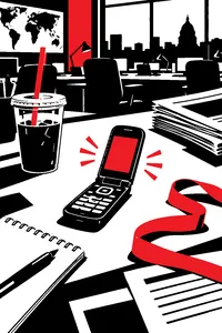 A cheap prepaid flip phone ringing on a cluttered newsroom desk beside a cold coffee and a red ribbon.