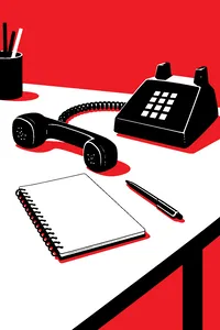 A reporter's notebook with blank pages lying next to a desk phone whose receiver is off the hook.