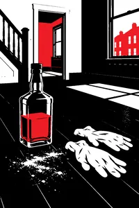 A half-empty bottle of whiskey on the floor of a vacant rowhouse, chalk dust and a pair of latex gloves beside it.