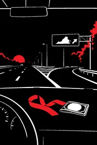A Virginia highway exit at night seen through a car windshield, a red ribbon and a folded hundred-dollar bill on the dashboard.