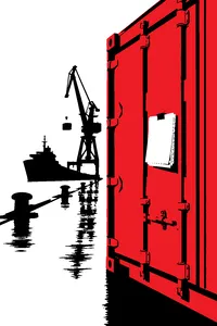 A rusted steel shipping container on a foggy dock with a stack of interoffice memos clipped to its door.