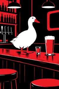 A white duck standing on a wooden bar top beside a shot glass and a draft beer, neon glow behind.