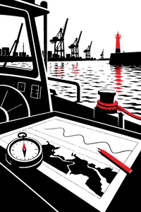 A tide chart spread across the console of a small police boat, a pencil and a compass resting on it, cranes in the harbor fog.