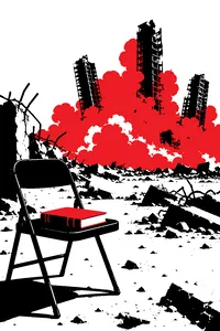A cloud of dust rising where high-rise towers stood, a copy of a parliamentary procedure handbook on a folding chair in the foreground.
