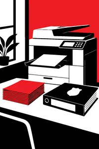 An office photocopier with a sheet of paper in the tray, a pile of pink layoff slips and a police budget binder beside it.