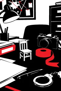 A miniature wooden dollhouse chair on a cluttered police desk next to a roll of red ribbon and a camera.