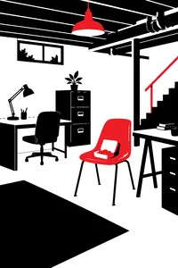A basement office with mismatched desks and a single box of chicken nuggets on an orange plastic chair.