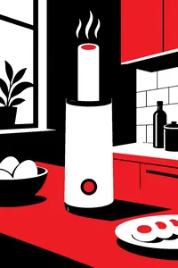 A tall white countertop tube appliance with a stick of cooked egg rising out the top like a popsicle.