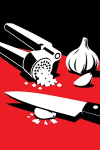 A metal garlic press clogged with crushed garlic beside a whole bulb and a chef's knife lying flat on a clove.