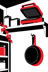 A clamshell appliance on a high pantry shelf, a dusty skillet hanging on the wall below it.