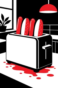 A pop-up toaster with two hot dogs and two buns sticking out of its slots, grease pooling underneath.