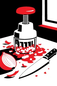 A spring-loaded plastic chopper sitting in a puddle of mushed onion beside a clean chef's knife.