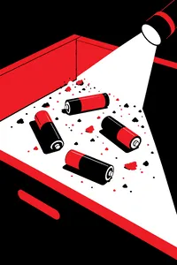 Four loose AA batteries scattered among crumbs in the corner of a wooden drawer, lit by a single flashlight beam.