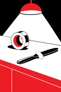A roll of clear tape on a kitchen counter under a bright lamp, a butter knife beside it and a jagged torn strip stuck to the knife.