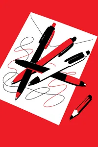 A tangle of cheap ballpoint pens on an envelope covered in faint test scribbles, one stubby pencil set apart.