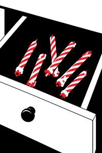 Six thin striped birthday candles with blackened wicks and crusted frosting on their ends, rolled together in a drawer.