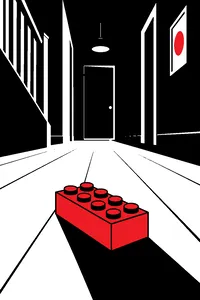 A single plastic toy brick on a hardwood floor, studs up, in a dark hallway.