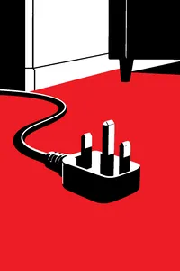 A three-pin electrical plug lying on carpet with its pins pointing up, cord trailing off.