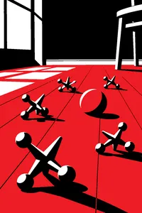 Metal jacks and a small rubber ball scattered on a wooden floor.