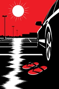 A shimmering blacktop parking lot under a hard summer sun, a pair of flip-flops left beside a car.