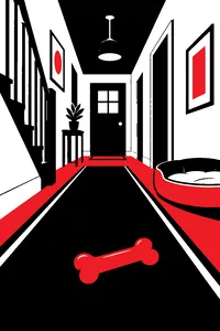 A rubber squeaky toy shaped like a bone on a dark hallway rug, a dog bed nearby.