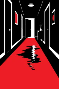A dark carpeted hallway at night with a faint wet patch shining in a strip of light.