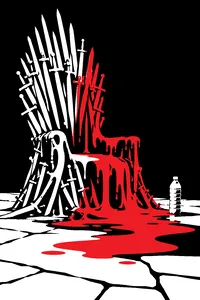 A huge iron chair made of swords half-melted into a puddle of molten metal on a stone floor, a single plastic water bottle standing beside it.