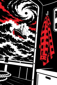 A small fishing boat swamped by a hurricane at sea, and beside it a lumberjack's plaid shirt hanging on a cabin hook.