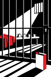 A row of four tin cups on a jail cell bench, a box of cereal on the floor outside the bars.