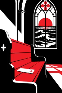 A wooden church pew in white light, a dropped airline boarding pass on the seat, ocean waves visible through a stained glass window.