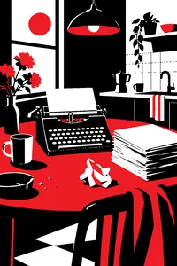 A typewriter on a messy kitchen table with a stack of manuscript pages and a crumpled lottery ticket.