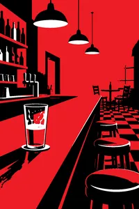 A glowing blue electric haze filling an empty small-town bar, a half-finished beer on the counter.