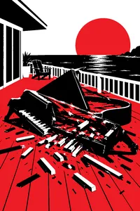 A grand piano smashed flat on a beach house deck, splinters and ivory keys scattered across the boards.
