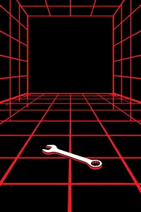 A futuristic holographic grid room, empty except for a single wrench left on the glowing floor.