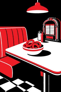 A diner booth with a bowl of onion rings and a tabletop jukebox, the scene cut off by a hard black edge.