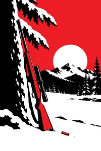A hunting rifle leaning against a snowy pine tree, a single spent shell casing in fresh snow.