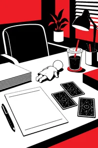 A tidy insurance salesman's desk with a stack of life insurance forms, a cold cup of coffee and a small porcelain doll lying face down beside a deck of tarot cards.