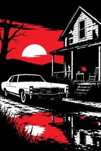 An old white Cadillac parked in front of a dark, crumbling Pennsylvania farmhouse at dusk, a battered record player on the porch.