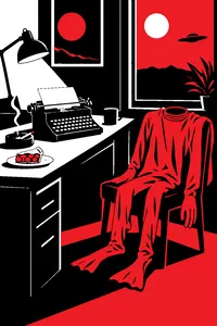 A typewriter on a desk beside a cigarette smoldering in an ashtray, a cheap rubber alien costume draped over a chair, and a slice of cherry pie.